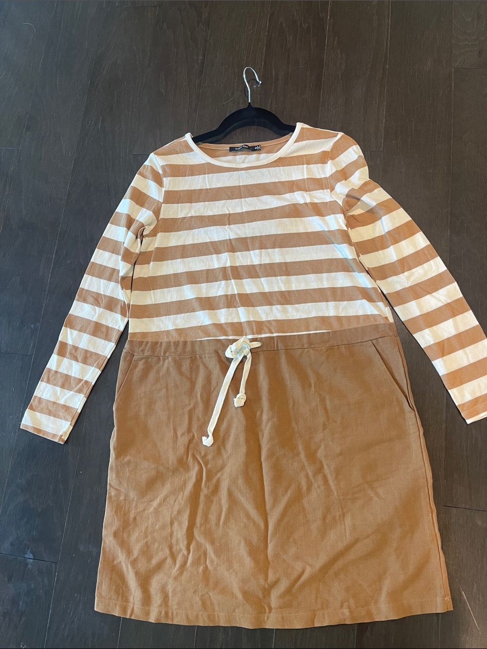 Doe & Rae Cream and Tan Striped Drawstring Dress